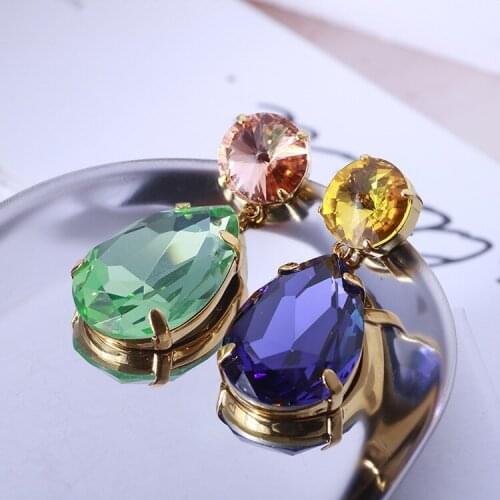 Fashion drop-shaped colorful crystal asymmetric ear clip earrings