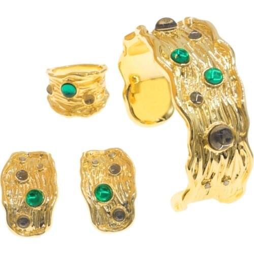 Newest Brazil Gold Green Zircon Jewelry Set High Quality Woman Bracelet Ring Earring Wedding Jewelry B0121