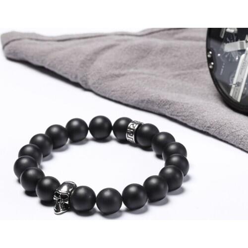 Wholesales Men Natural black onyx Bead skull Bracelet stainless steel Charm Bracelets Men Jewelry gift 50pcs/lot+free shipping