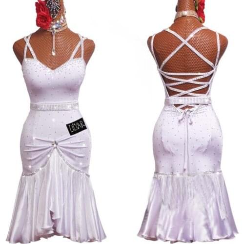 New Latin Dance Competition Dress Women Suspender White Bandage Back Fishtail Skirt Samba Rumba Salsa Costme Tassel Dress BL5023