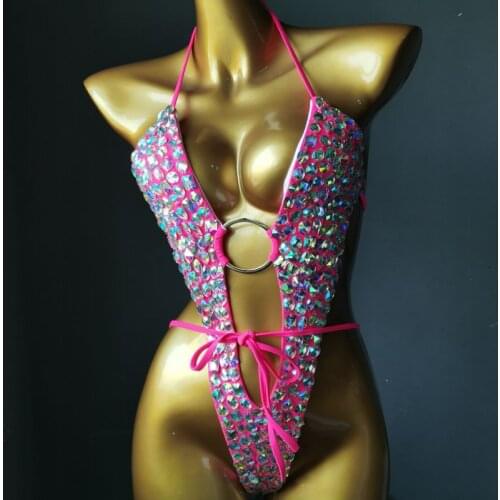 Sexy Nightclub Swimsuit Rhinestones Bikini Backless Bodysuit Women DJ Pole Dancing Costume Bar Party Show Performance Stage Wear