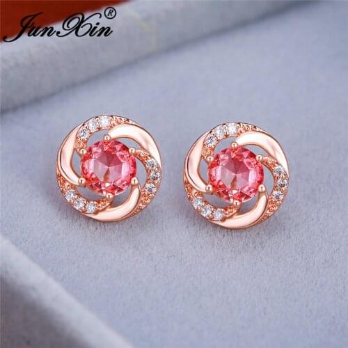 Colorful Gradient Zircon Round Stud Earrings Rose Gold Rainbow Fire Crystal Stone Pink Blue Wedding Earrings For Women Jewelry