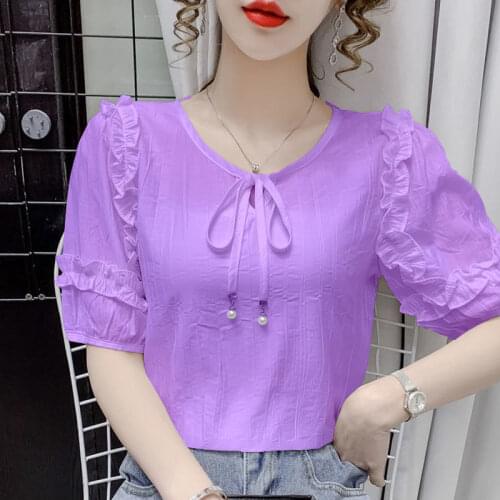 Puff sleeve chiffon shirt 2021 summer new Korean version of short-sleeved lace-up shirt loose and versatile bottoming shirt
