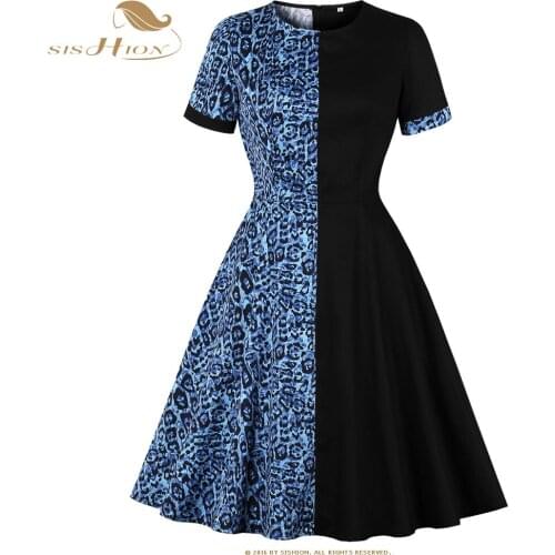 SISHION Patchwork Printed Leopard Dress VD1423 Short Sleeve Cotton Retro Vintage Dress Women Black Summer Clothes for Women