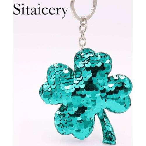 Sitaicery Four Leaf Clover Keychain Glitter Pompom Sequins Key Ring Gifts for Women Llaveros Mujer Car Bag Accessories Key Chain