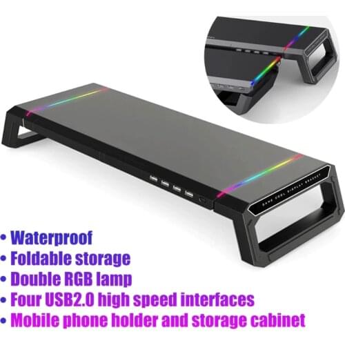 T1 Universal Monitor Stand Riser RGB Support with 4 USB3.0 Charging Desk Organizer Holder Bracket for Laptop Computer