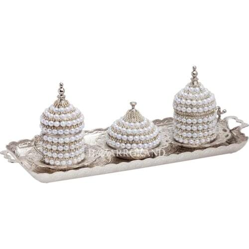TURKISH COFFEE SET ELEVEN PIECE RECTANGULAR TRAY WITH ELEVATOR TWO PERSONAL PEARL PATTERN FREE SHİPPİNG