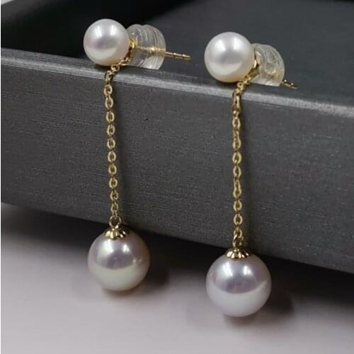 Gorgeous 18K GOLD studs & dangle style AAA Round Pearl earring
