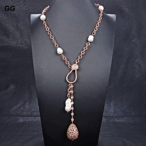 GuaiGuai Jewelry 22'' Cultured White Rice Pearl CZ Rose Gold Color Chain Necklace Keshi Pearl Cz Teardrop Pendant For Women