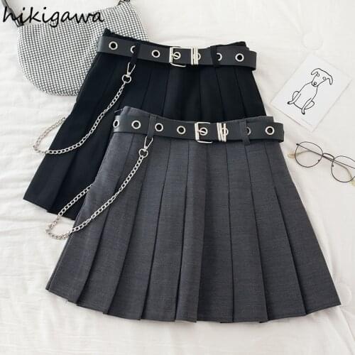 Hikigawa Plaid Skirt for Women Japan Faldas Mujer Moda 2021 A Line Mini Skirts Female with Chain High Waist Falda Womens Clothes