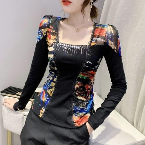 #8641 Black False Two Piece Long Sleeve T Shirt Women Square Collar With Diamonds Vintage Sexy T Shirt Female Spliced Lace Slim
