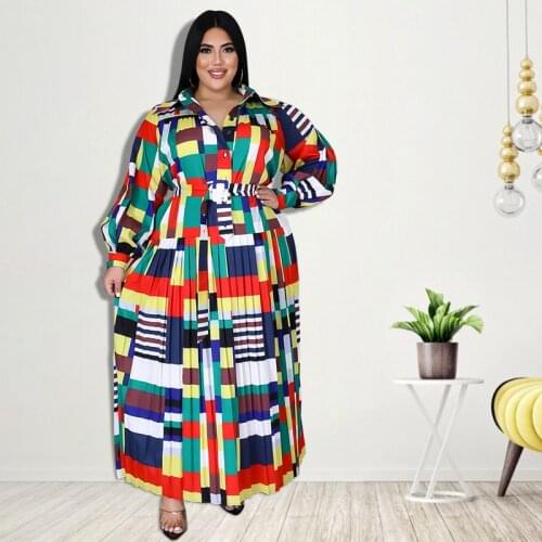 XL-5XL Fall Clothes For Women Plus Size Dresses Fashion Colorful Printing Long Sleeve Loose Pleated Dress Wholesale dropshopping