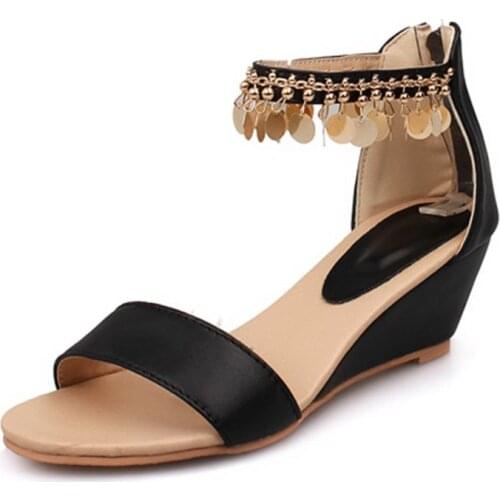 COOLULU 2020 New Arrival Wedge Heel Summer Sandals Women Tassel Sequines Sandals All Match Zipper Ladies Sandal Szie 34-43