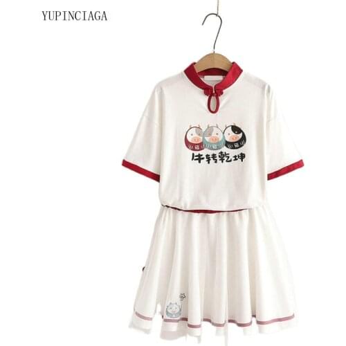 Womens Sets Tops And Skirt Cartoon Print Cotton T Shirts + Lace Up Skirts Sweet Chinese Style Girl Two Piece Sets 2117537