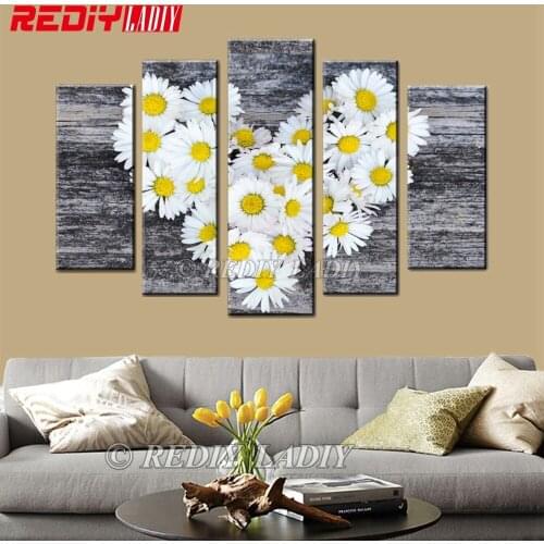 REDIY LADIY Diamond Embroidery Triptych Diamond Painting Cross Stitch 5 Panels Wall Art White Daisy Love Mosaic Modular Picture