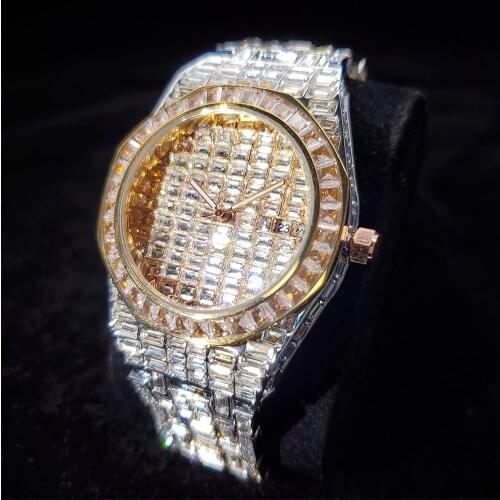 Hiphop MISSFOX Hot Sale Iced Out Watch Men Rose Gold Diamond Steel Strap Replica Mens Watches Luxury Brand Quartz Wristwatches