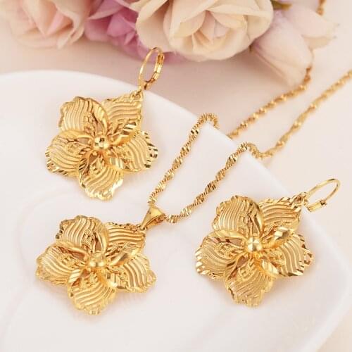 Ethiopian beautiful Gold Color big Flower Jewelry set for women Pendant Chain Earrings African Bride Wedding Bijoux gift girls
