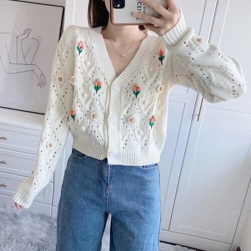 Klacwaya Women Retro Knitted Cardigan Flowers Embroidered Balls Floral Crocheted Sweater Short Coat Jacket Tops Sueter Mujer