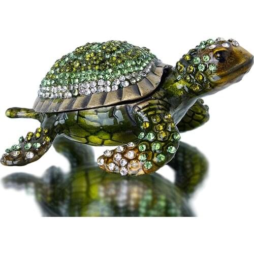 H&D Hand Painted Craft Bejeweled Turtle Boxes Hinged Jewelry Trinket Box Ring Holder Collectives Gift Home Wedding Decoration