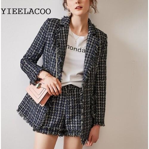 Jacket + shorts suit blue autumn/winter tweed jacket small fragrant mid-length Slim 2-piece suit women