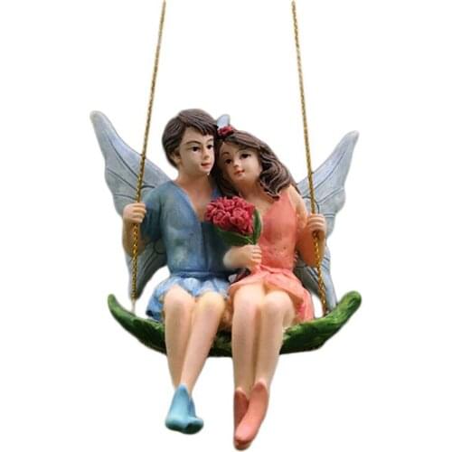 LUDA Romantic Couple Figurines Swing Flower Fairy Garden Mini Landscape Pendant Resin Craft Creative Scene Decoration