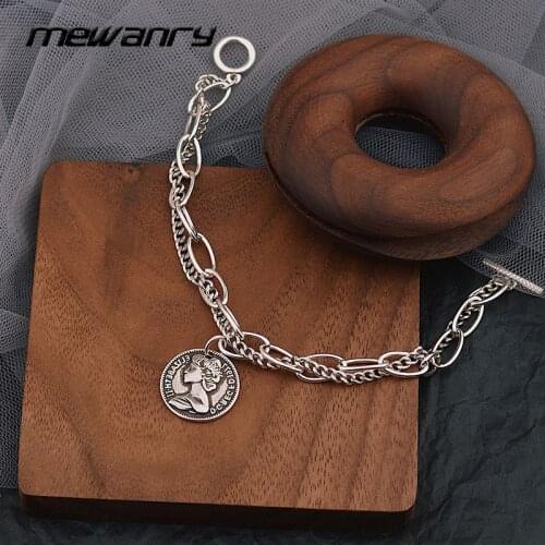 Mewanry 925 Sterling Silver Portrait Coin Pendant Vintage Couples Bracelet Hiphop Fashion Party Jewelry Birthday Gift for Women