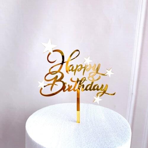New Happy Birthday Cake Topper Acrylic Gold Black Star Cupcake Topper For Kids Birthday Party Cake Decorations Dessert Supplies