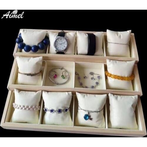 Retro Watch Jewelry Pillow Tray Natural Wood Bangle Bracelet Jewelry Organizer Box Ring Earring Grid Box WristWatch 3Tier Tray