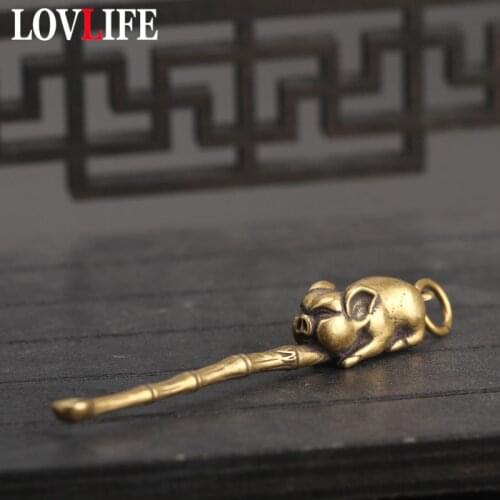 Pure Copper Bamboo Pig Keychain Pendants Vintage Brass Metal Curette Hanging Ear Picks Key Chains Pendants Key Rings Jewelry