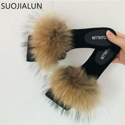 SUOJIALUN Women Furry Slippers High Quality Real Fur Sandal Flat Heel Slip On Ladies Casual Plush Fluffy Slides Shoes Flip Fliop