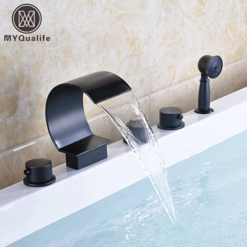 Modern Black Deck Mounted Waterfall 5pc Bathtub Faucet Set with Handshower Widespread Brass Spout 3 Knob Tub Mixer