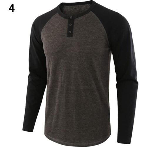 Casual Men Tshirts Autumn O Neck Long Raglan Sleeve Color Block T-shirt Buttons Pullover Tees Mens Clothing Футболка