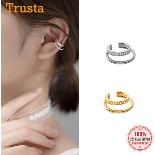 Trustdavis 1 Pcs Real 925 Sterling Silver Fashion Double-deck CZ Clip on Earrings Ear Cuff For Women Wedding Fine Jewelry EJ003