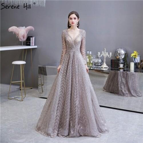 Serene Hill Khaki V-neck Crystal Sequins Evening Dress 2020 Design A-Line Luxury Long Sleeve Formal Party Gown CLA70430