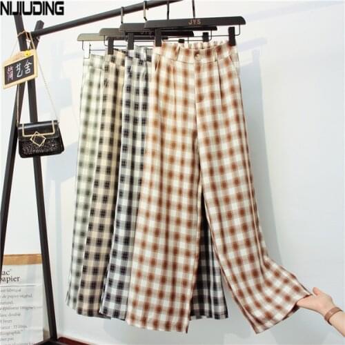 NIJIUDING Vintage Plaid Japanese Harajuku 2020 Summer New Pants Women Vintage Bottons Loose Straight Wide Leg Long Length Pants