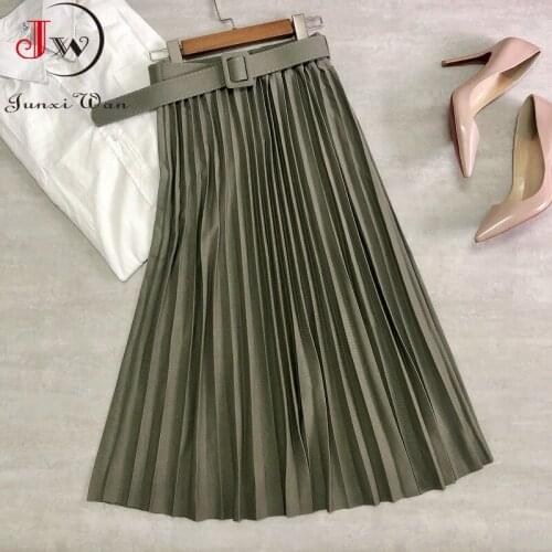 Women Pleated Skirt 2021 Spring Autumn Winter Fashion Solid Black High Waist Belt A-Line Elegant Vintage Office Long Skirts