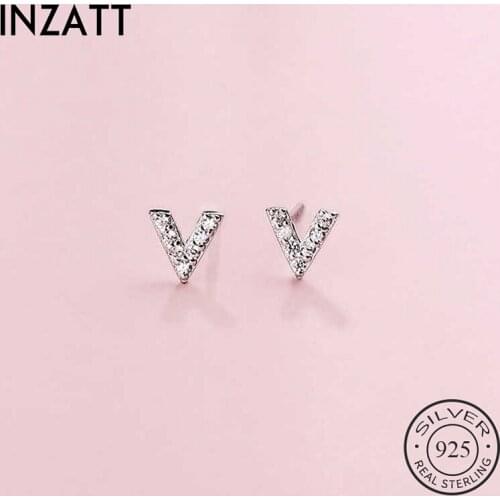 INZATT Real 925 Sterling Silver Letter V Zircon Stud Earrings For Fashion Women Minimalist Fine Jewelry ins Hot Accessories