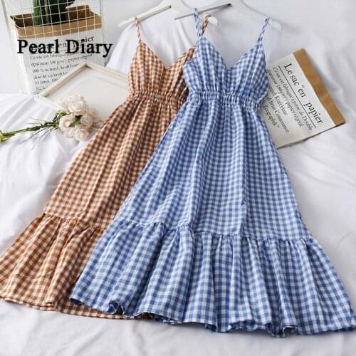 Pearl Diary Women Plaid A Line Cami Dress Summer Check Pattern Casual Sweet Girl Dress Back Somcked Slim Fit V Neck Dress