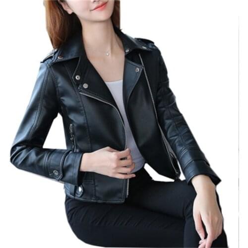 High quality PU leather womens short coat spring and autumn new fashion Korean Slim black motorcycle Large size leather jacket