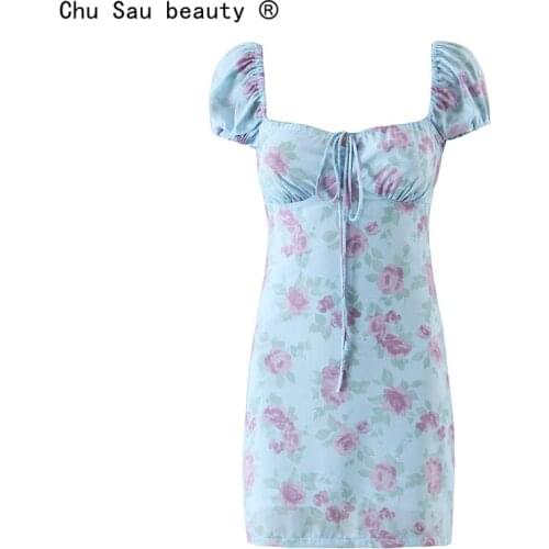2021 Fashion Summer Prairie Chic Fresh Holiday Style Blue Flower Print Square Collar Tie Slim-Fit Puff Sleeve Dress Womens