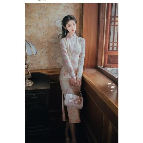 New autumn original Chinese Old shanghai style mandarin collar Vintage ink painting Cheongsam dress for women