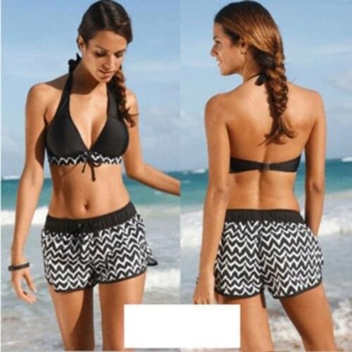 2021 Summer Womens Suit Youth Stripe Sexy Lace Up Collar Zigzag Bikini Shorts Large Swimsuit