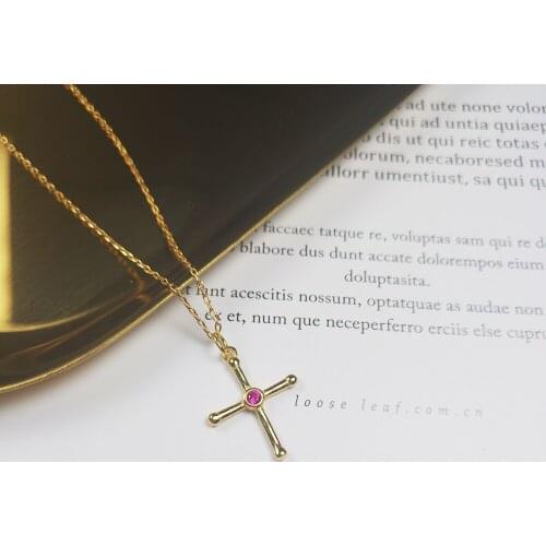 925 Sterling Silver Small Cross Necklace Zircon Christian Cross Pendant Religion Jewelry for Girls Red Cz Inlaid Necklaces