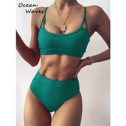 High Waist Bikini Ribbed Womens Swimsuits Black Swimwear Women Bathing Suits Push Up Sports Brazilian Biquini 2021 Bikinis Set
