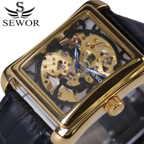 Vintage Mechanical Watch 2017 SEWOR brand WristWatches Leather Strap Men Watch Mechanical Skeleton Watch For Men relogio