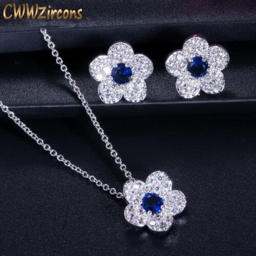 CWWZircons New Fashion Korean Jewelry AAA Cubic Zircon Stone Pave Flower Women Jewelry Sets with Dark Blue Zirconia Stones T138