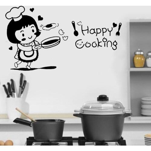Girl Happy Cooking Wall Art Sticker for kitchen art home decoration decal Vinyl restaurant Removable Cartoon Wall decor HY497