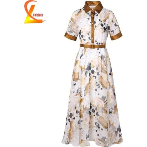 CHICLADY elegant printed midi dress women office lady chiffon soft casual 2021 summer new fashion dresses with belt robe mujer