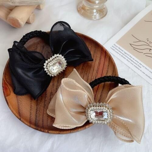 Elegant Crystal Rhinestone Bowknot Elastic Bow Hair Ties Yarn Fabric Bow Hair Bands Female French Summer Women Hair Accessories
