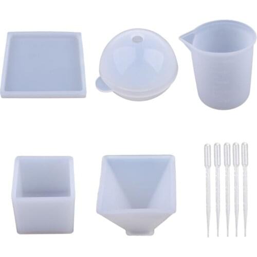 Silicone Resin Molds Including Sphere, Cube, Pyramid, Square, Round with 1 Measuring Cup & 5 Plastic Transfer Pipettes for E56C